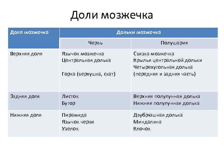 Доли мозжечка Доля мозжечка Дольки мозжечка Червь Верхняя доля Язычок мозжечка Центральная долька Полушария