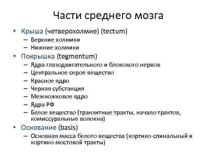 Части среднего мозга • Крыша (четверохолмие) (tectum) – Верхние холмики – Нижние холмики •