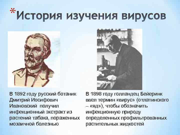 * В 1892 году русский ботаник Дмитрий Иосифович Ивановский получил инфекционный экстракт из растений