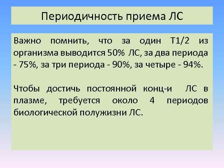 Периодичность приема ЛС Важно помнить, что за один Т 1/2 из организма выводится 50%