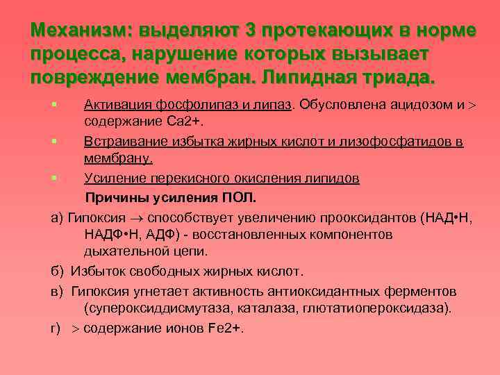 Механизм: выделяют 3 протекающих в норме процесса, нарушение которых вызывает повреждение мембран. Липидная триада.