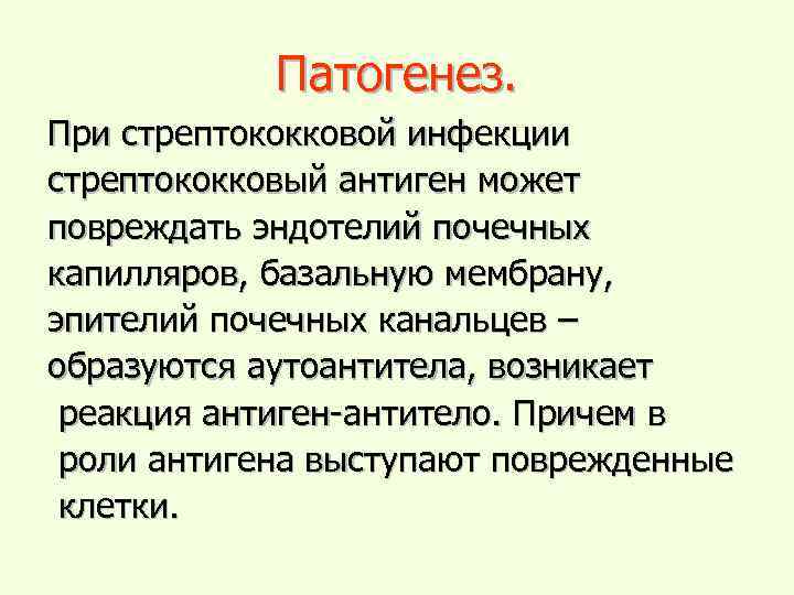 Патогенез. При стрептококковой инфекции стрептококковый антиген может повреждать эндотелий почечных капилляров, базальную мембрану, эпителий