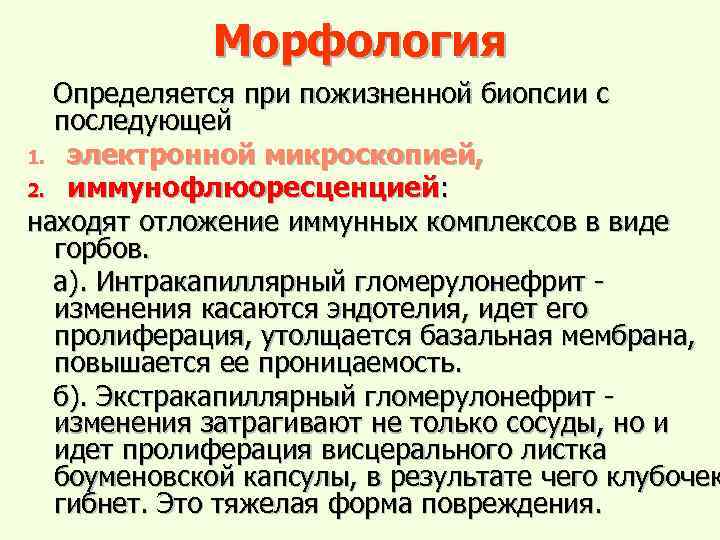Морфология Определяется при пожизненной биопсии с последующей 1. электронной микроскопией, 2. иммунофлюоресценцией: находят отложение