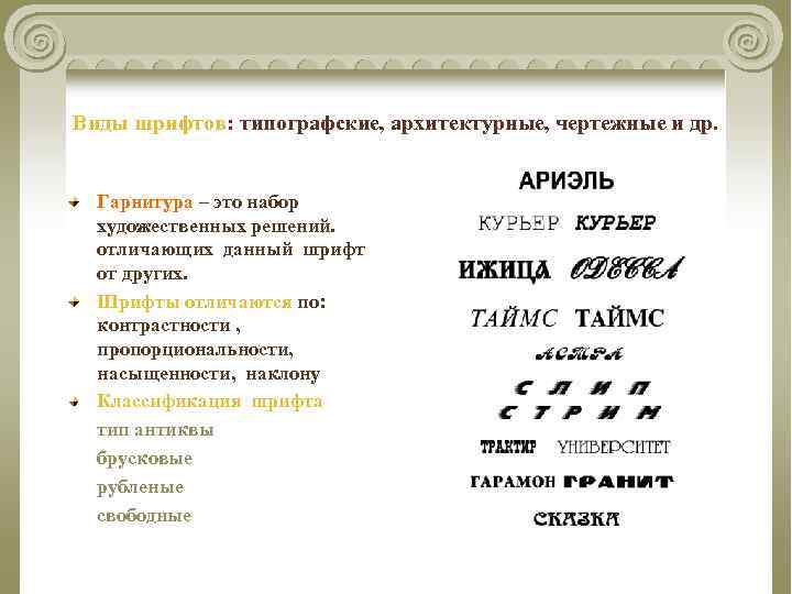 Виды шрифтов: типографские, архитектурные, чертежные и др. Гарнитура – это набор художественных решений. отличающих