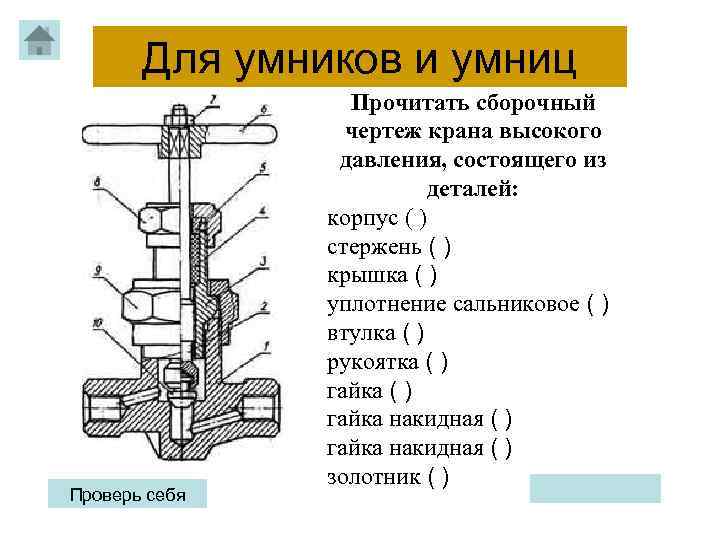 Для умников и умниц Проверь себя Прочитать сборочный чертеж крана высокого давления, состоящего из