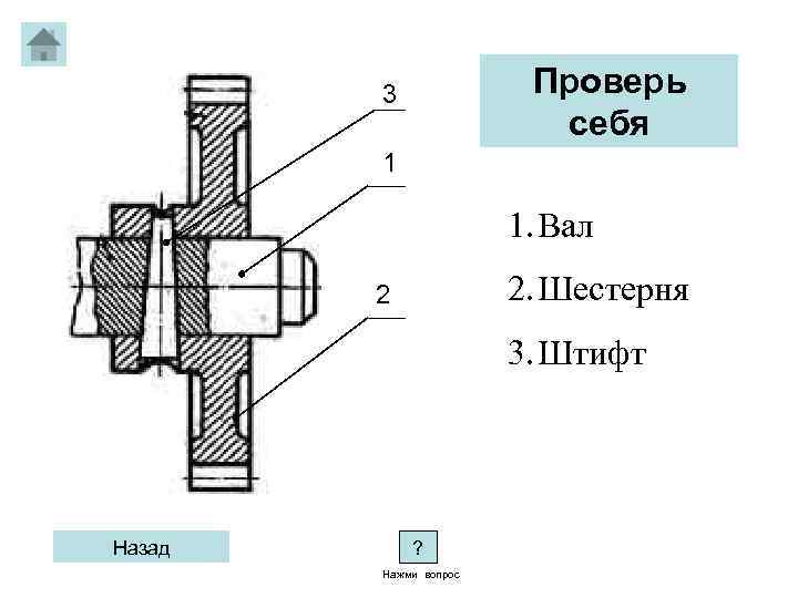 Проверь себя 3 1 1. Вал 2. Шестерня 2 3. Штифт Назад ? Нажми