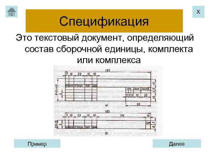 Х Спецификация Это текстовый документ, определяющий состав сборочной единицы, комплекта или комплекса Пример Далее