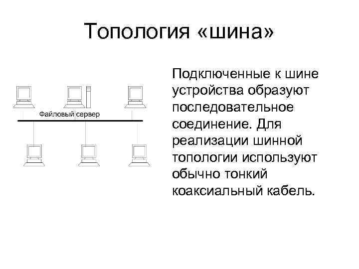 Топология «шина» Подключенные к шине устройства образуют последовательное соединение. Для реализации шинной топологии используют