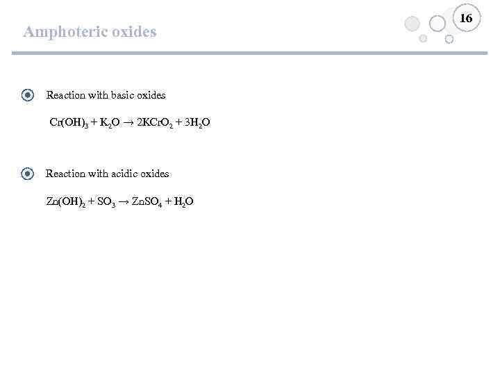 Amphoteric oxides Reaction with basic oxides Cr(OH)3 + K 2 O → 2 KCr.