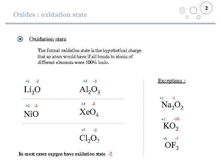 2 Oxides : oxidation state Oxidation state The formal oxidation state is the hypothetical