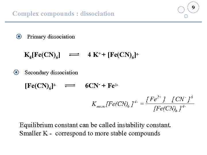 Complex compounds : dissociation Primary dissociation K 4[Fe(СN)6] 4 K+ + [Fe(СN)6]4 - Secondary