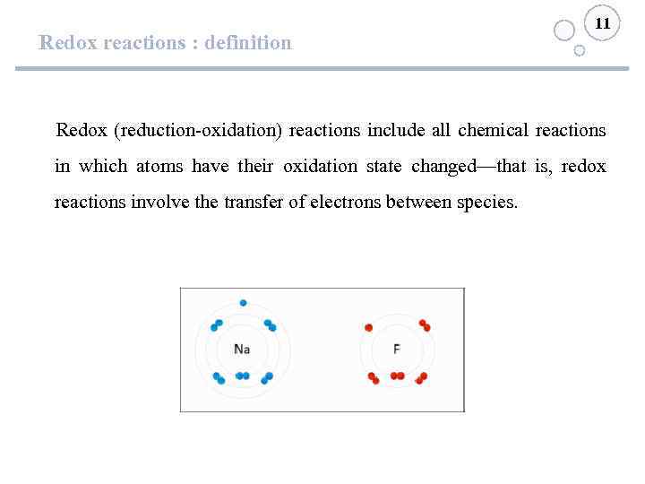 Redox reactions : definition 11 Redox (reduction-oxidation) reactions include all chemical reactions in which