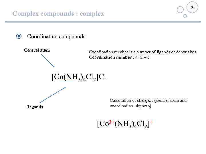 3 Complex compounds : complex Coordination compounds Central atom Coordination number is a number