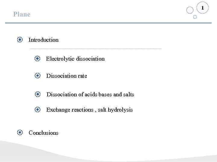 1 Plane Introduction Electrolytic dissociation Dissociation rate Dissociation of acids bases and salts Exchange