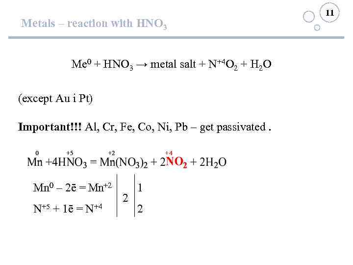 Metals – reaction with HNO 3 Me 0 + HNO 3 → metal salt