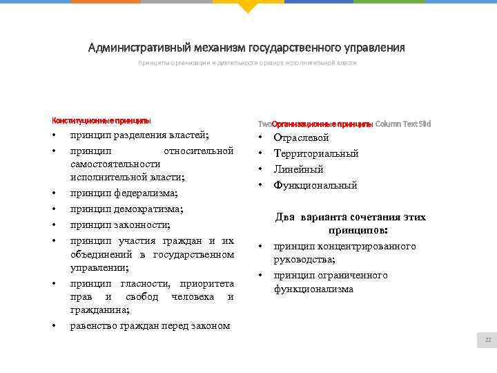 Административный механизм государственного управления Принципы организации и деятельности органов исполнительной власти Конституционные принципы •