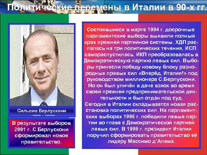 Политические перемены в Италии в 90 -х гг. Сильвио Берлускони В результате выборов 2001