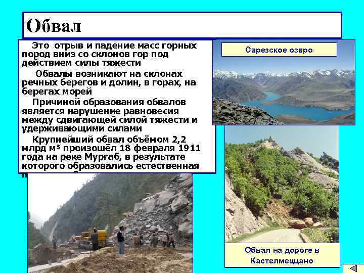 Обвал Это отрыв и падение масс горных пород вниз со склонов гор под действием