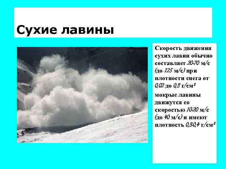Сухие лавины Скорость движения сухих лавин обычно составляет 20 -70 м/с (до 125 м/с)