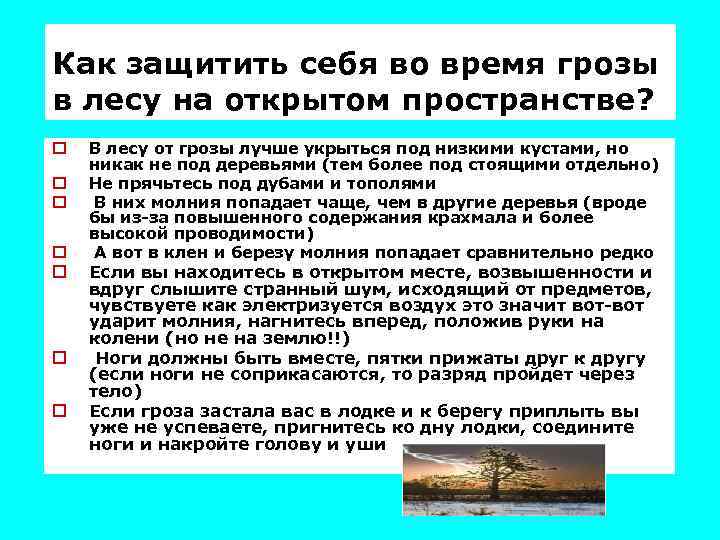 Как защитить себя во время грозы в лесу на открытом пространстве? o o o