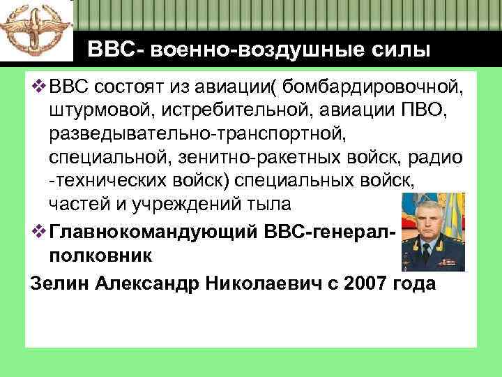 ВВС- военно-воздушные силы v ВВС состоят из авиации( бомбардировочной, штурмовой, истребительной, авиации ПВО, разведывательно-транспортной,