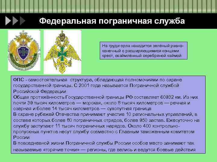 Федеральная пограничная служба На груди орла находится зелёный равноконечный с расширяющимися концами крест, окаймлённый