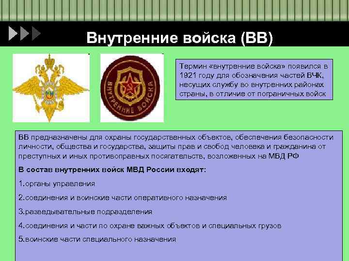 Внутренние войска (ВВ) Термин «внутренние войска» появился в 1921 году для обозначения частей ВЧК,
