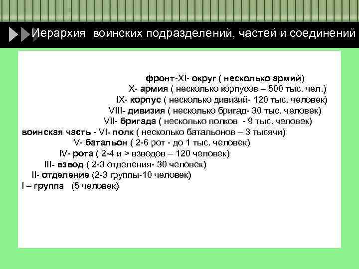 Иерархия воинских подразделений, частей и соединений фронт-XI- округ ( несколько армий) X- армия (