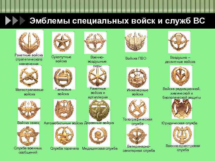 Эмблемы специальных войск и служб ВС Ракетные войска стратегического назначения Сухопутные войска Мотострелковые войска
