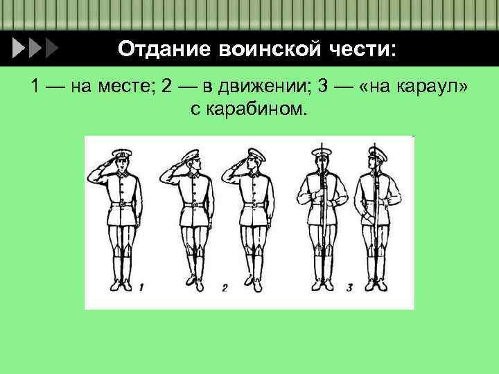 Отдание воинской чести: 1 — на месте; 2 — в движении; 3 — «на