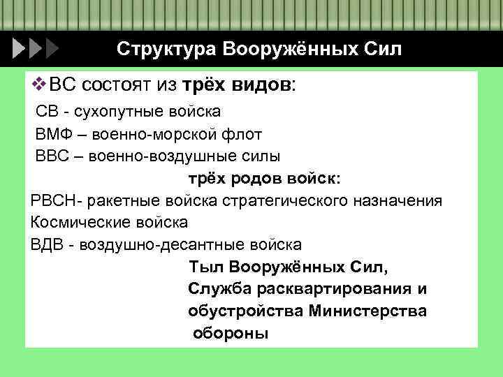 Структура Вооружённых Сил v ВС состоят из трёх видов: СВ - сухопутные войска ВМФ