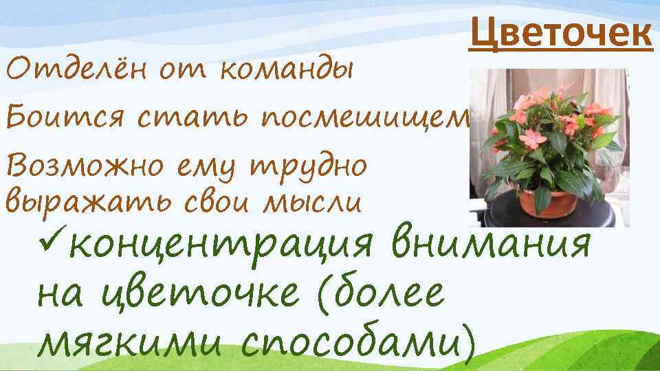 Отделён от команды Цветочек Боится стать посмешищем Возможно ему трудно выражать свои мысли üконцентрация