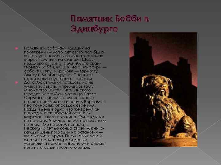Памятник Бобби в Эдинбурге Памятники собакам, ждущих на протяжении многих лет своих погибших хозяев,