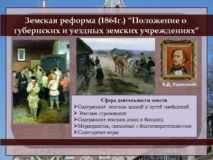 Положение о земских учреждениях 1864. Земская реформа 1864 г.. Крупнейшие русские историки второй половины 19 века. Культурное пространство империи во второй половине 19 века живопись.