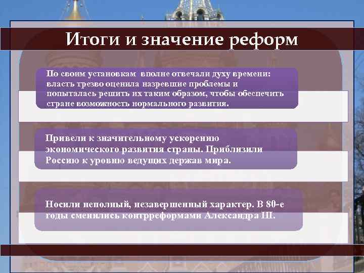 Итоги и значение реформ По своим установкам вполне отвечали духу времени: власть трезво оценила