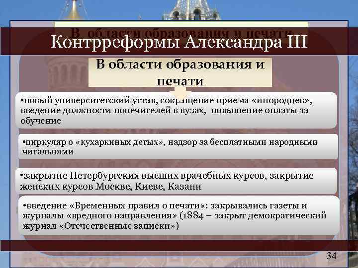 В области образования и печати Контрреформы Александра III В области образования и печати •