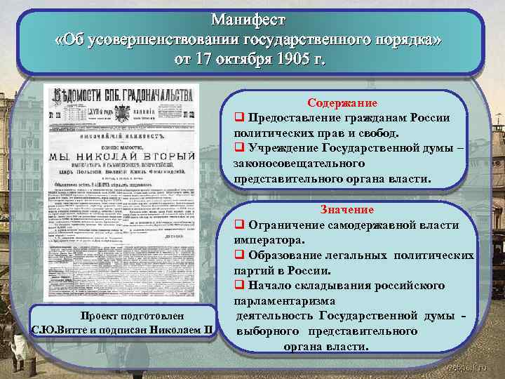 Манифест источник. Манифест об усовершенствовании государственного порядка 17 октября. Содержание манифеста 17 октября 1905 г положения. Манифест 19 октября 1905 Автор. Манифест о усовершенствовании государственного порядка 1905.