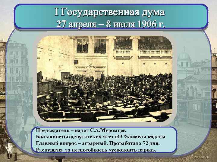 I Государственная дума 27 апреля – 8 июля 1906 г. Председатель – кадет С.