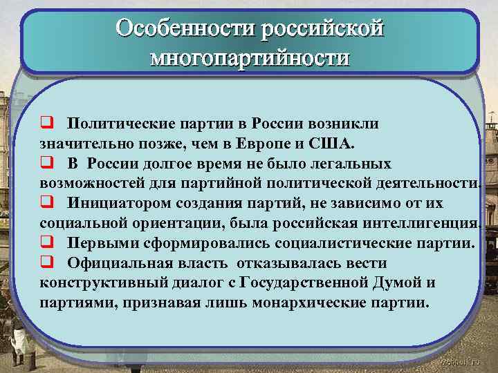 Особенности российской многопартийности q Политические партии в России возникли значительно позже, чем в Европе