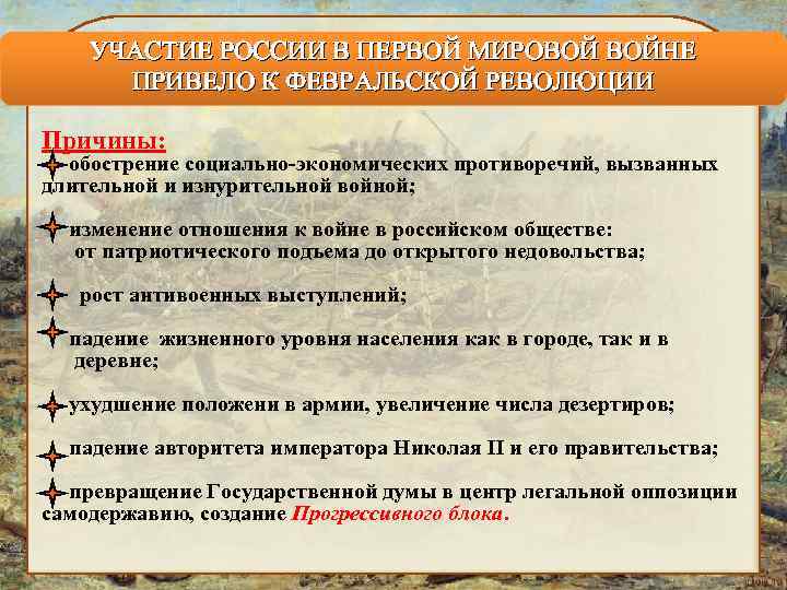 УЧАСТИЕ РОССИИ В ПЕРВОЙ МИРОВОЙ ВОЙНЕ ПРИВЕЛО К ФЕВРАЛЬСКОЙ РЕВОЛЮЦИИ Причины: обострение социально-экономических противоречий,