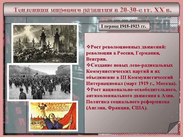 Тенденции мирового развития в 20 -30 -е гг. XX в. I период 1918 -1923