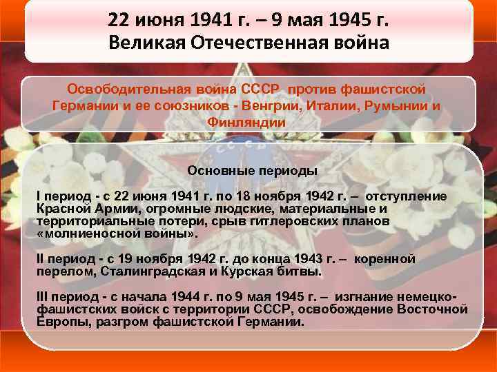 22 июня 1941 г. – 9 мая 1945 г. Великая Отечественная война Освободительная война