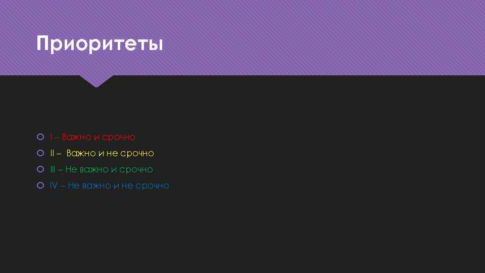 Приоритеты I – Важно и срочно II – Важно и не срочно Ill –