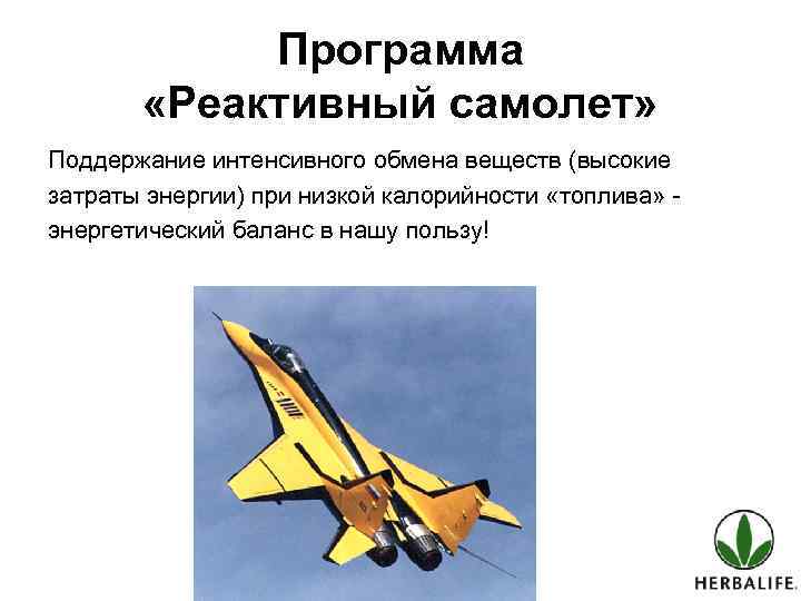 Программа «Реактивный самолет» Поддержание интенсивного обмена веществ (высокие затраты энергии) при низкой калорийности «топлива»