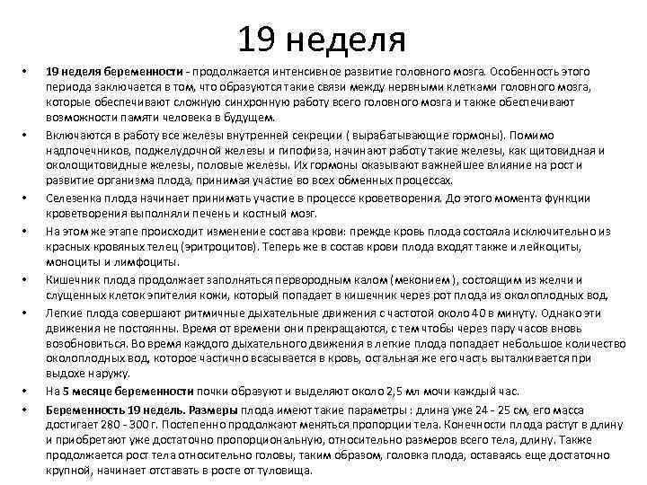 19 неделя • • 19 неделя беременности - продолжается интенсивное развитие головного мозга. Особенность
