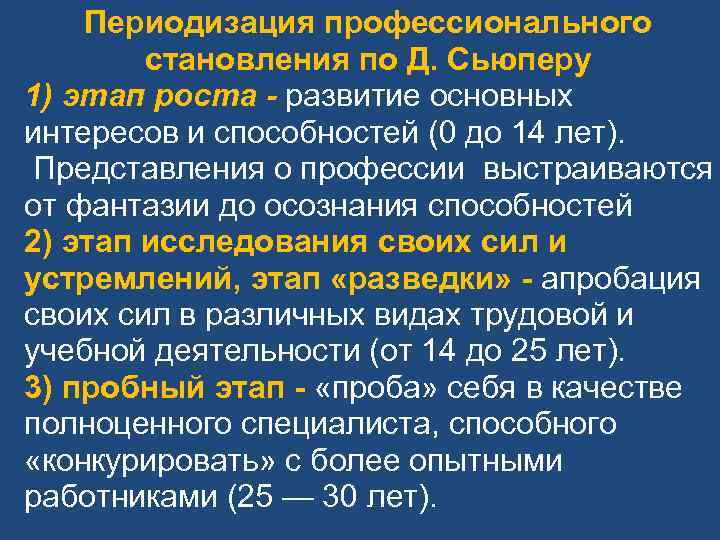 Периодизация профессионального становления по Д. Сьюперу 1) этап роста - развитие основных интересов и