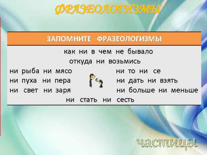 ФРАЗЕОЛОГИЗМЫ ЗАПОМНИТЕ ФРАЗЕОЛОГИЗМЫ как ни в чем не бывало откуда ни возьмись ни рыба
