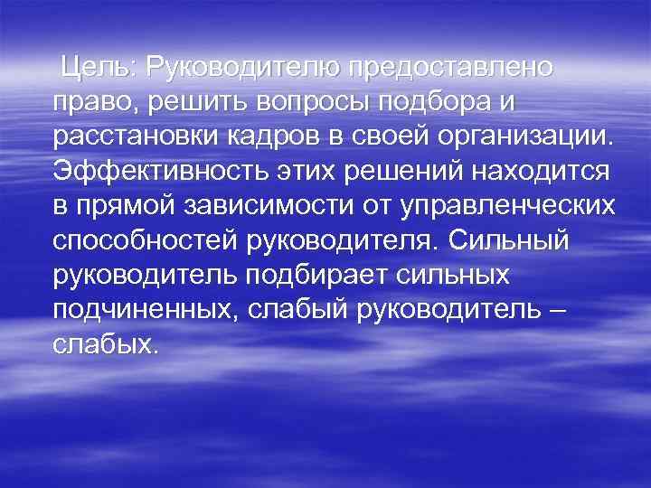 Цель: Руководителю предоставлено право, решить вопросы подбора и расстановки кадров в своей организации. Эффективность