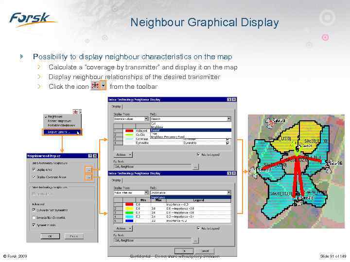 Neighbour Graphical Display Possibility to display neighbour characteristics on the map Calculate a “coverage