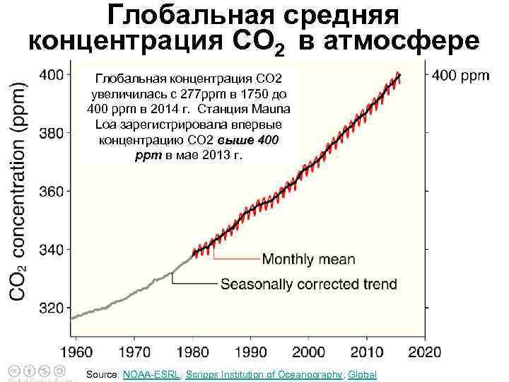 Глобальная средняя концентрация СО 2 в атмосфере Глобальная концентрация СО 2 увеличилась с 277